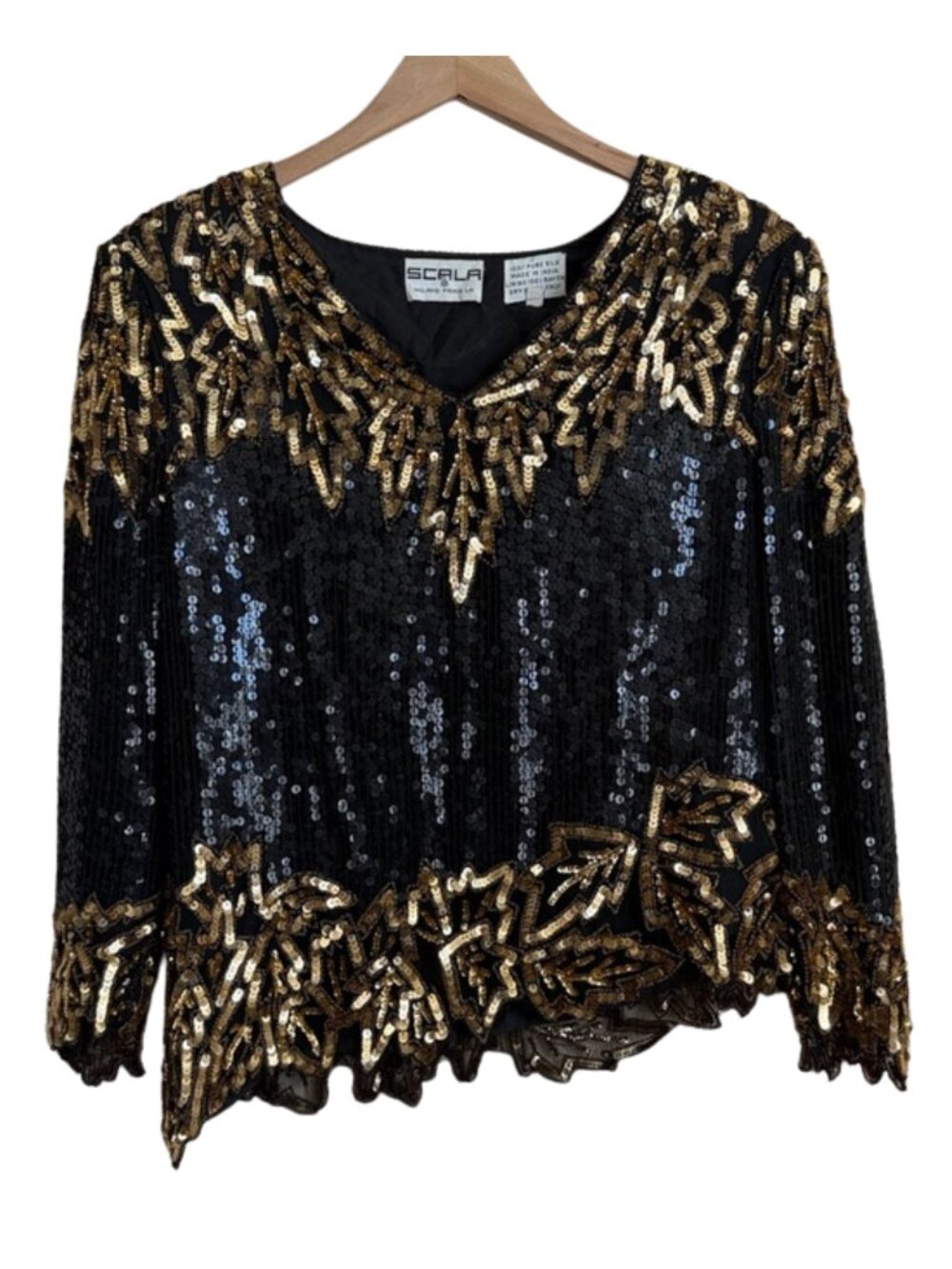 Scala Vintage Silk Sequin Beaded Top M Black Gold Leaf Pattern Art Deco Formal